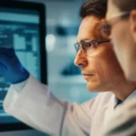 A scientist looking at complex biological data on a screen, blending technology and biology, 35mm portrait, depth of field.