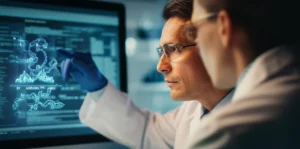 A scientist looking at complex biological data on a screen, blending technology and biology, 35mm portrait, depth of field.