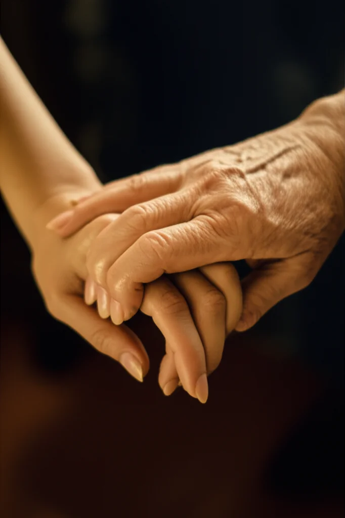 Due mani, una più giovane e una più anziana, che si stringono delicatamente ma con forza, simboleggiando cura e resilienza, obiettivo 50mm, luce calda, profondità di campo.