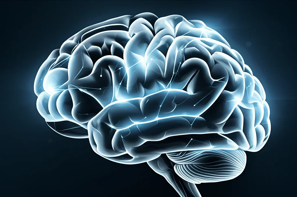 Immagine concettuale del cervello umano con reti neurali illuminate e interconnesse, che simboleggia la ricerca sulla trascrittomica e l'Alzheimer. Obiettivo 35mm, profondità di campo, tonalità blu e grigio duotone per un effetto scientifico e moderno, con alcuni percorsi più brillanti a indicare le scoperte.