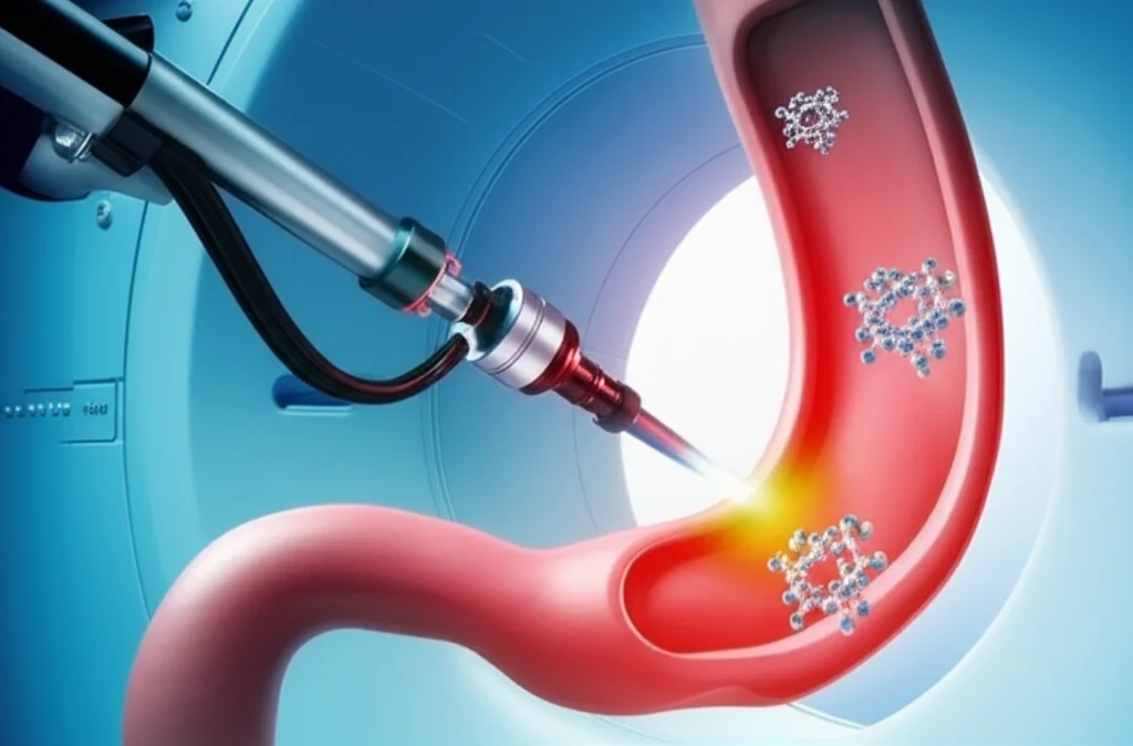 Immagine concettuale di un fascio di luce diagnostica che illumina un esofago stilizzato all'interno di uno scanner PET/CT, macro lens, 80mm, high detail, illuminazione drammatica per evidenziare la zona di interesse medico, con molecole di 18F-FAPI-04 che si legano alle aree infiammate.