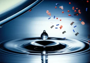 Immagine concettuale, macro lens, 100mm, high detail, controlled lighting, che mostra una goccia d'acqua che cade su una superficie che simboleggia la vescica, con microparticelle di plastica (BPA) stilizzate sospese nell'aria, a rappresentare l'esposizione ambientale e il suo potenziale impatto sull'incontinenza urinaria femminile.