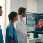Immagine fotorealistica di un team medico che discute i risultati di un'analisi di machine learning su un grande schermo touch-screen in una sala riunioni chirurgica moderna e luminosa. Obiettivo zoom 24-70mm, luce naturale soffusa da una finestra laterale, focus sui volti concentrati dei medici e sullo schermo che mostra grafici complessi e dati anatomici 3D di un rene. Profondità di campo media.