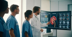 Immagine fotorealistica di un team medico che discute i risultati di un'analisi di machine learning su un grande schermo touch-screen in una sala riunioni chirurgica moderna e luminosa. Obiettivo zoom 24-70mm, luce naturale soffusa da una finestra laterale, focus sui volti concentrati dei medici e sullo schermo che mostra grafici complessi e dati anatomici 3D di un rene. Profondità di campo media.