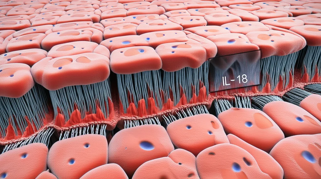 Macro lens, 100mm, high detail, precise focusing, controlled lighting, conceptual illustration of the intestinal barrier showing epithelial cells with tight junctions, featuring symbolic representations of GSDMD pores on the cell surface and Caspase-4 interacting with IL-18 inside.