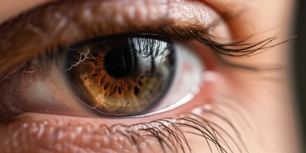 Photorealistic image, macro lens, 60mm, high detail, precise focusing, controlled lighting, photorealistic image of a human eye showing subtle signs of dry eye and a representation of damaged corneal nerves overlayed.