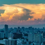 Skyline di Osaka al tramonto in una giornata estiva, con nuvole cumuliformi che si diradano, suggerendo una riduzione delle precipitazioni. L'immagine è catturata con un obiettivo prime da 35mm, con una leggera profondità di campo per mettere a fuoco gli edifici in primo piano e sfocare leggermente le nuvole sullo sfondo, utilizzando una palette di colori duotone blu e arancione per un effetto suggestivo.