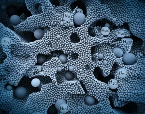 Visualizzazione artistica 3D di una struttura nanocomposita porosa composta da nanoparticelle sferiche di ossido di indio (In₂O₃) e nanopiattaforme di ferrite di zinco (ZnFe₂O₄), con molecole d'acqua (H₂O) che si adsorbono sulla superficie e all'interno dei pori. Obiettivo macro 60mm, illuminazione diffusa per evidenziare la tridimensionalità e la porosità, alta definizione dei dettagli nanometrici, sfondo astratto high-tech blu e grigio duotone.