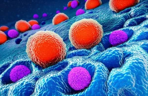 Visualizzazione microscopica astratta dell'interazione tra cellule immunitarie T CD8+ (luminose e attive) e cellule di adenocarcinoma polmonare (scure e invasive) nel tessuto polmonare. L'asse molecolare NCL/MYC/TXNIP è rappresentato come un ingranaggio complesso che influenza il metabolismo energetico delle cellule T. Obiettivo prime 35mm, profondità di campo, duotono blu cobalto e giallo ambra per un effetto drammatico e scientifico, evidenziando la lotta cellulare.