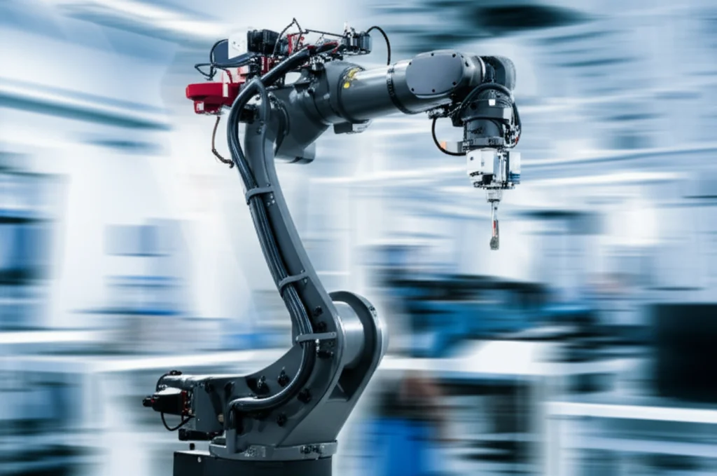 A sleek industrial robotic arm performing a complex, smooth trajectory in a brightly lit modern research lab, telephoto zoom, fast shutter speed, movement tracking, high detail, precise focusing, controlled lighting.
