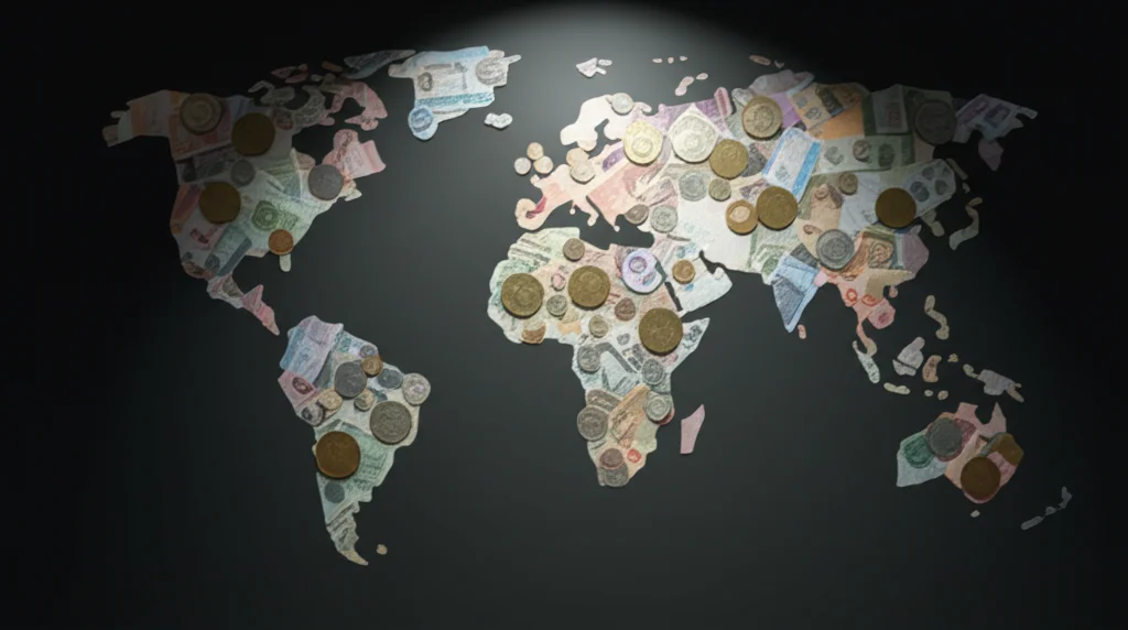 Fotografia concettuale, mappa del mondo stilizzata composta da banconote e monete di diverse valute e colori, illuminazione drammatica dall'alto, obiettivo macro 90mm, alta definizione, focus selettivo su diverse aree geografiche, sfondo scuro.