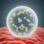 Immagine concettuale fotorealistica, macro lens 100mm, che mostra un liposoma sferico luminoso che rilascia delicatamente molecole di ivermectina (rappresentate come piccole sfere brillanti) verso una membrana cellulare stilizzata, high detail, precise focusing, controlled lighting, sfondo scuro per enfatizzare il soggetto.