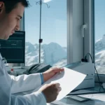Medico che esamina i risultati di un'emogasanalisi in un laboratorio ospedaliero situato in alta montagna, con attrezzature moderne e una vista sulle montagne innevate dalla finestra. Macro lens, 80mm, high detail, controlled lighting.