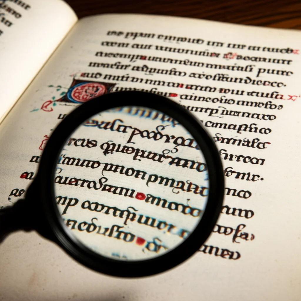 Primo piano di un antico manoscritto miniato aperto su un tavolo di legno scuro, con una lente d'ingrandimento appoggiata sopra che evidenzia la complessità della scrittura e delle miniature. Luce laterale soffusa che crea ombre morbide. Obiettivo macro, 85mm, alta definizione, colori ricchi e saturi, pergamena ingiallita.