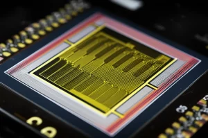 Primo piano di un imager neuromorfico organico integrato su un wafer CMOS. Si vedono i dettagli microscopici dei pixel e delle connessioni, con una luce soffusa che ne illumina la superficie. Macro lens, 100mm, high detail, precise focusing, controlled lighting, con un effetto bokeh sullo sfondo per concentrare l'attenzione sul chip.