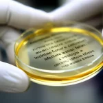 Primo piano di una mano guantata di un ricercatore che tiene una piastra di Petri con colture cellulari infettate da virus felini, sfondo di un laboratorio di virologia, obiettivo macro 60mm, illuminazione controllata, alta definizione.
