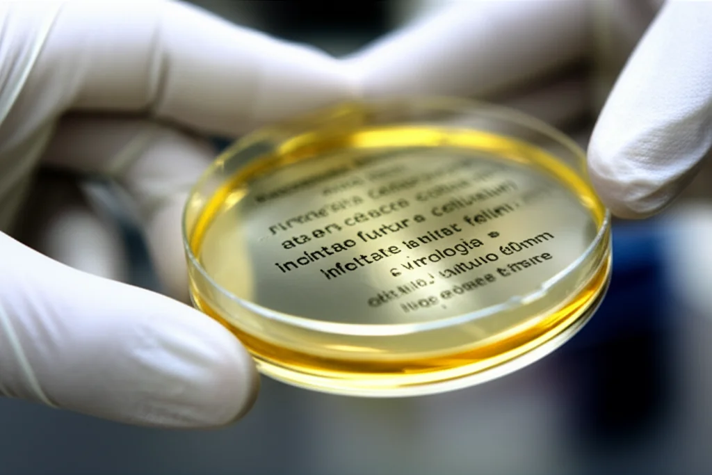 Primo piano di una mano guantata di un ricercatore che tiene una piastra di Petri con colture cellulari infettate da virus felini, sfondo di un laboratorio di virologia, obiettivo macro 60mm, illuminazione controllata, alta definizione.