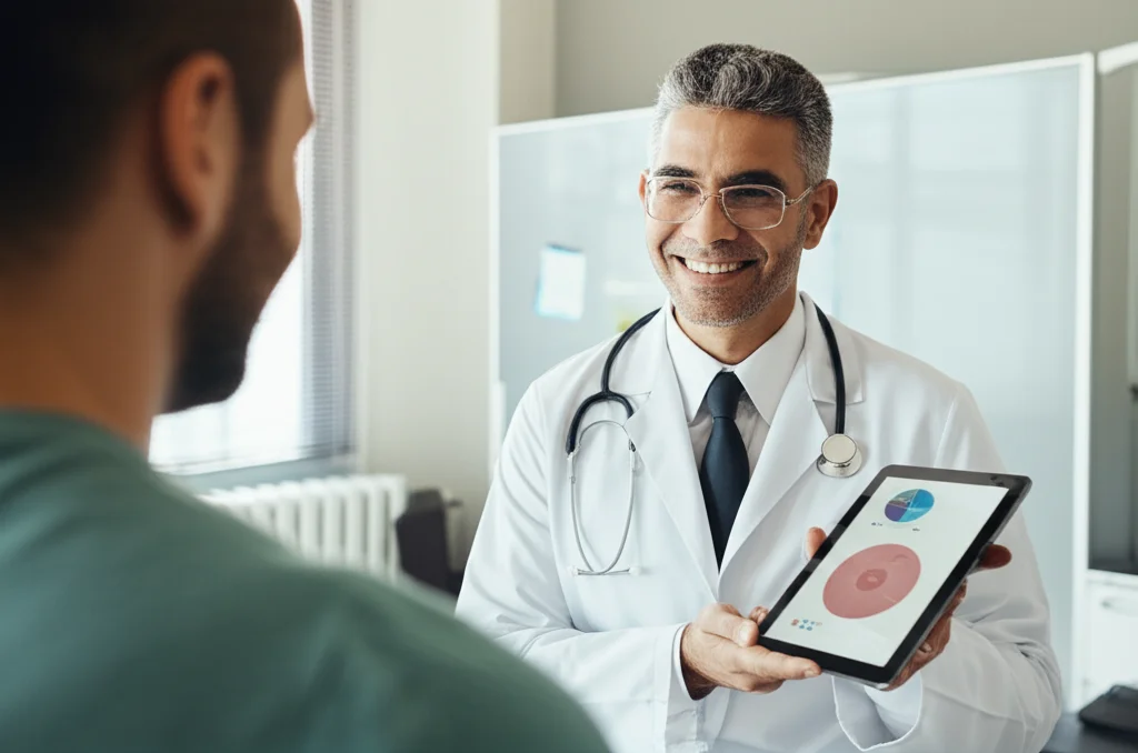 Un medico dermatologo sorridente mostra un tablet con grafici e dati molecolari a un paziente con psoriasi, anch'esso dall'aspetto sollevato, in un ambiente clinico moderno. L'immagine, scattata con un obiettivo da 35mm, suggerisce l'impatto positivo della medicina di precisione e del test Mind.Px. Profondità di campo media, colori naturali, illuminazione brillante.