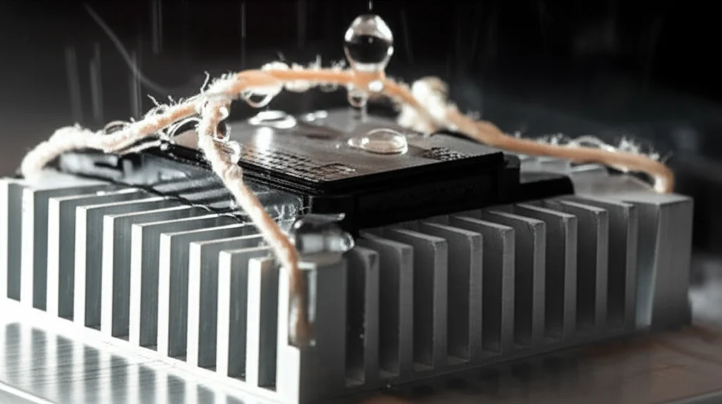 Un primo piano di un MOSFET SiC montato su un dissipatore di calore in alluminio, con corde di cotone umide che lo avvolgono e gocce d'acqua che evaporano. L'immagine è scattata con un obiettivo macro da 90mm per evidenziare i dettagli del processo di evaporazione, con illuminazione controllata e un leggero effetto di vapore. High detail, precise focusing.