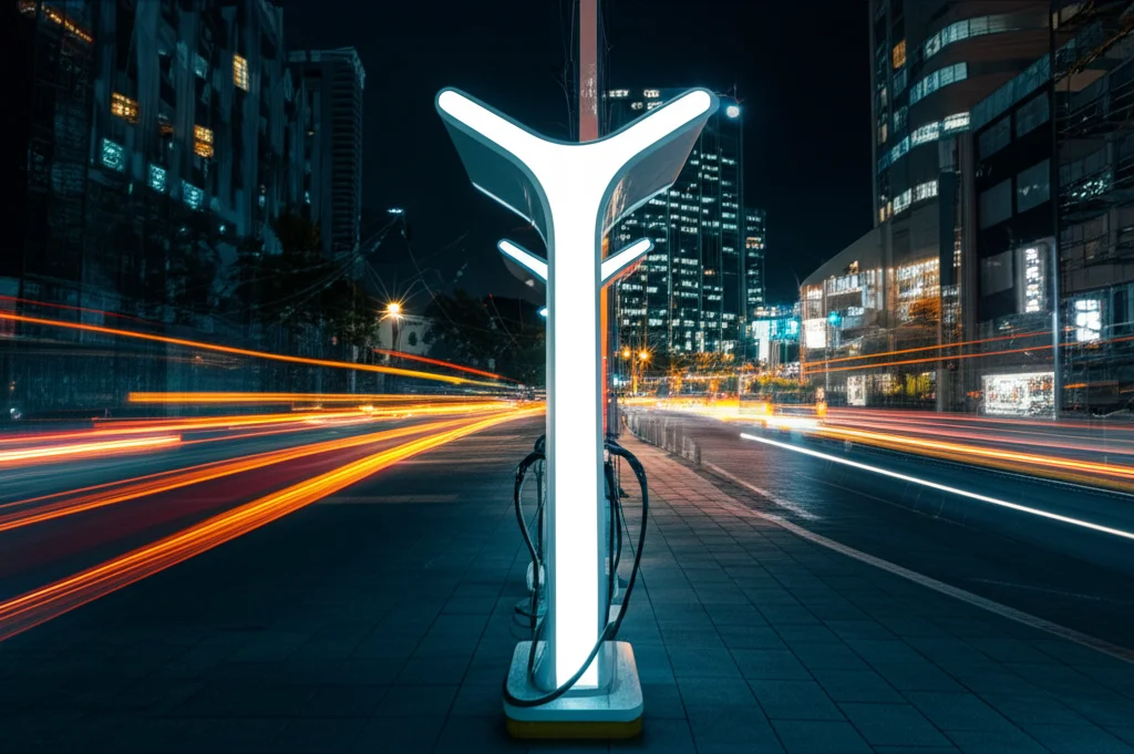 Una stazione di ricarica per veicoli elettrici futuristica e illuminata di notte, integrata in un ambiente smart city con flussi di dati digitali visibili nell'aria. Obiettivo grandangolare, 18mm, lunga esposizione per scie luminose soffuse, focus nitido sulla stazione, atmosfera high-tech.