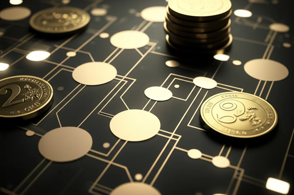 Un'immagine concettuale che mostra un diagramma di flusso algoritmico complesso con alcune parti illuminate (le spiegazioni) e altre oscure, con monete d'oro che si insinuano nel sistema, simboleggiando la monetizzazione. Fotografia di still life, obiettivo macro 100mm, alta definizione, illuminazione controllata, colori contrastanti come oro e grigio scuro.