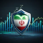 Un'immagine concettuale che rappresenta il programma IRAPEN in Iran: un cuore stilizzato con i colori della bandiera iraniana, protetto da uno scudo medico, con grafici di rischio cardiovascolare in calo sullo sfondo. Prime lens, 50mm, depth of field, colori simbolici e impattanti.