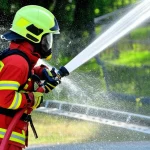 Vigile del fuoco in piena azione durante un intervento, la sua divisa tecnica innovativa ben visibile mentre maneggia una lancia antincendio, fotografia d'azione con teleobiettivo zoom 100-400mm, inseguimento del movimento, alta velocità dell'otturatore per congelare l'azione, gocce d'acqua sospese nell'aria.