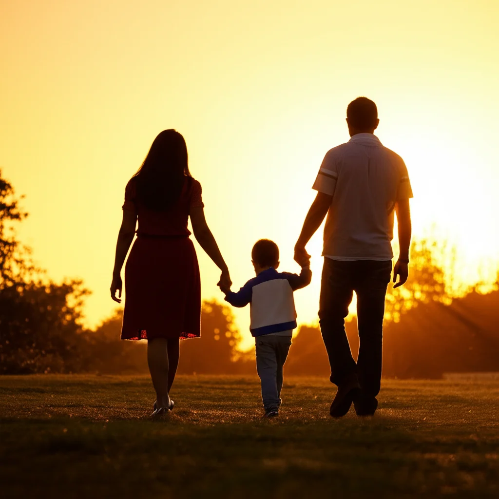 Fotografia grandangolare di una famiglia (due genitori e un bambino/a di circa 10 anni) che cammina in un parco al tramonto, visti da dietro. L'immagine evoca calore ma anche la complessità delle dinamiche familiari e delle diverse percezioni. Obiettivo grandangolare 20mm, luce calda del tramonto, messa a fuoco nitida sulla famiglia, leggero effetto mosso sulle nuvole per indicare il passare del tempo e lo sviluppo.