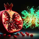 Fotografia macro con obiettivo da 85mm, mostra vibranti semi di melograno accanto a un modello 3D stilizzato e luminoso della proteina del recettore MET, alta definizione, illuminazione controllata, simboleggia composti naturali che mirano alle vie del cancro.