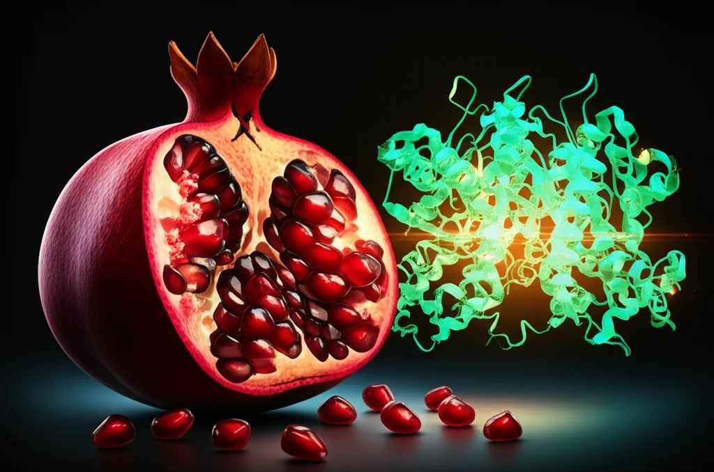 Fotografia macro con obiettivo da 85mm, mostra vibranti semi di melograno accanto a un modello 3D stilizzato e luminoso della proteina del recettore MET, alta definizione, illuminazione controllata, simboleggia composti naturali che mirano alle vie del cancro.