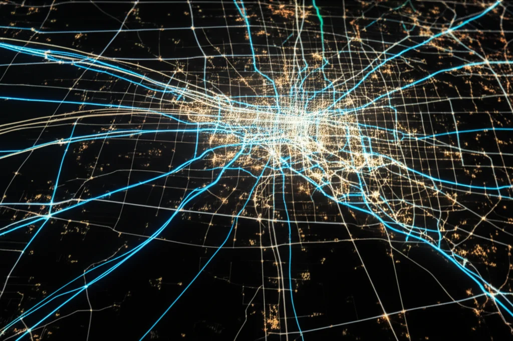 Immagine concettuale, wide-angle 18mm, che rappresenta la diffusione di un virus attraverso un paesaggio eterogeneo. Linee luminose collegano centri urbani (fortemente illuminati) e aree rurali (poco illuminate) su una mappa stilizzata del Texas, con un effetto di lunga esposizione per le linee luminose e messa a fuoco nitida sulla mappa.
