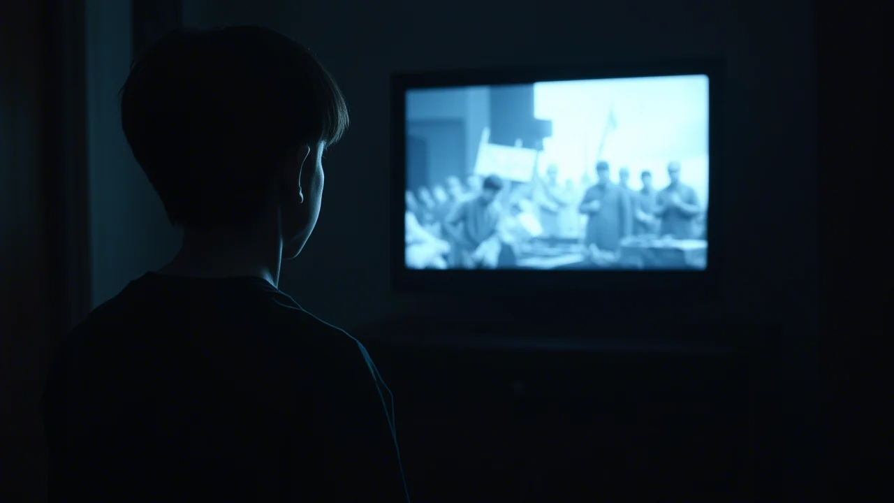 Immagine simbolica: un adolescente visto di spalle guarda uno schermo luminoso (TV o computer) che mostra immagini astratte e disturbanti di conflitto, la stanza è buia. Obiettivo 50mm, luce dello schermo come unica fonte luminosa, colori desaturati, effetto grana pellicola.