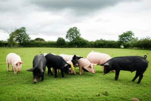 Lente grandangolare, 24 mm, focus acuto, fotografia paesaggistica, che mostra un piccolo gruppo di maiali di razza mista (come Duroc, Tamworth) che foraggiano felici in un lussureggiante paddock verde con alcuni alberi sullo sfondo sotto un tipico cielo irlandese (parzialmente nuvoloso), enfatizzando il ambiente esterno e benessere in Ireland.