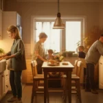 Photorealistic image of a busy family home kitchen during the evening peak, lights on, appliances running, warm lighting, 24mm wide-angle lens, depth of field.