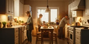 Photorealistic image of a busy family home kitchen during the evening peak, lights on, appliances running, warm lighting, 24mm wide-angle lens, depth of field.