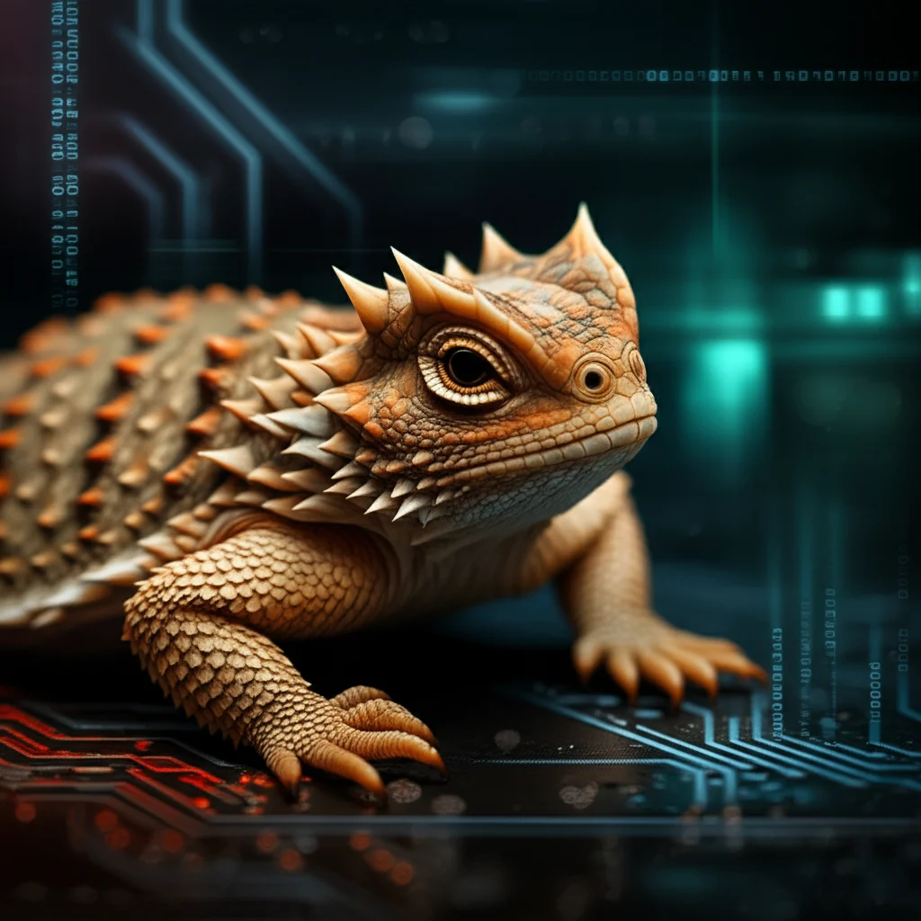 Primo piano fotorealistico di una lucertola cornuta (Phrynosoma) su uno sfondo astratto di circuiti digitali luminosi e linee di codice sfocate. Macro lens, 100mm, high detail, precise focusing, shallow depth of field, controlled lighting.