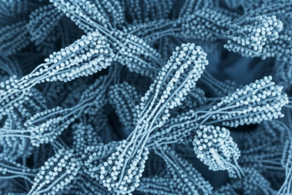 Una visualizzazione astratta e dinamica di proteine multiple che si interconnettono e formano cluster complessi, simboleggiando la similarità proteica e il campionamento genomico. Utilizzare una lente prime da 35mm con profondità di campo per mettere a fuoco alcuni cluster chiave, con uno schema di colori duotone blu e grigio per un look scientifico moderno.