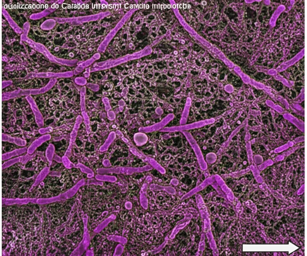 Visualizzazione 3D ad alta risoluzione di un biofilm polimicrobico complesso sulla superficie interna di un catetere urinario simulato. Si vedono chiaramente ife fungine di Candida intrecciate con colonie batteriche di diverse morfologie. L'immagine è ottenuta con tecnica di microscopia elettronica a scansione o confocale, obiettivo ad alta magnificazione (simile a macro 90mm per dettaglio), illuminazione laterale controllata per enfatizzare la struttura tridimensionale e la coesistenza delle specie, messa a fuoco precisa sull'interfaccia biofilm-superficie.