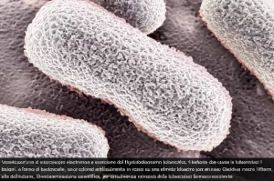 Visualizzazione al microscopio elettronico a scansione del Mycobacterium tuberculosis, il batterio che causa la tubercolosi. I batteri, a forma di bastoncello, sono colorati artificialmente in rosso su uno sfondo bluastro per evidenziare la loro struttura. Obiettivo macro 100mm, alta definizione, illuminazione scientifica, per simboleggiare la minaccia della tubercolosi farmaco-resistente.