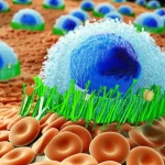 Visualizzazione microscopica fotorealistica di monociti umani che migrano attraverso uno strato di cellule endoteliali. Un monocita in primo piano mostra la proteina MOSPD2 (evidenziata in un colore contrastante) sulla sua membrana interagire con l'integrina αLβ2, regolandone l'adesione. Obiettivo macro 85mm, profondità di campo ridotta per isolare le cellule chiave, illuminazione drammatica per enfatizzare l'interazione molecolare.