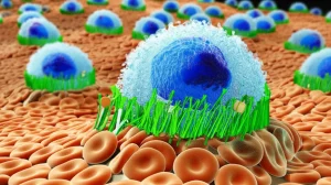 Visualizzazione microscopica fotorealistica di monociti umani che migrano attraverso uno strato di cellule endoteliali. Un monocita in primo piano mostra la proteina MOSPD2 (evidenziata in un colore contrastante) sulla sua membrana interagire con l'integrina αLβ2, regolandone l'adesione. Obiettivo macro 85mm, profondità di campo ridotta per isolare le cellule chiave, illuminazione drammatica per enfatizzare l'interazione molecolare.