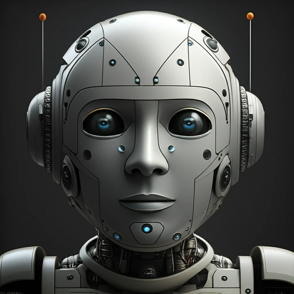 A friendly-looking robot face close-up, 35mm portrait, depth of field, controlled lighting.