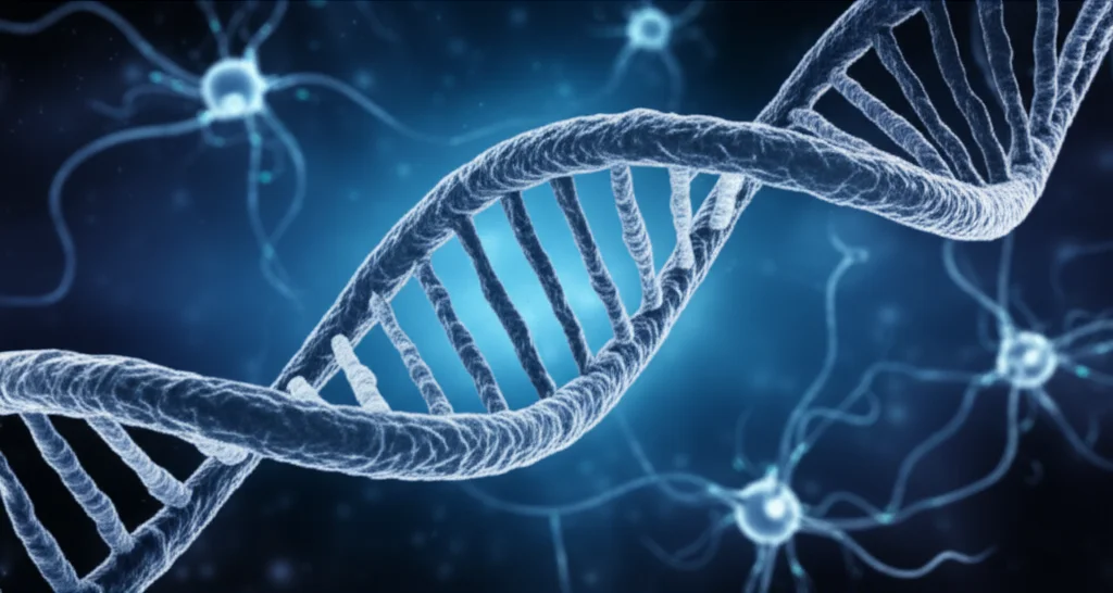 Concetto astratto di neurosviluppo e ricerca genetica, con filamenti di DNA stilizzati che si intrecciano con neuroni luminosi su uno sfondo scuro. Macro lens, 100mm, high detail, precise focusing, illuminazione drammatica e suggestiva.