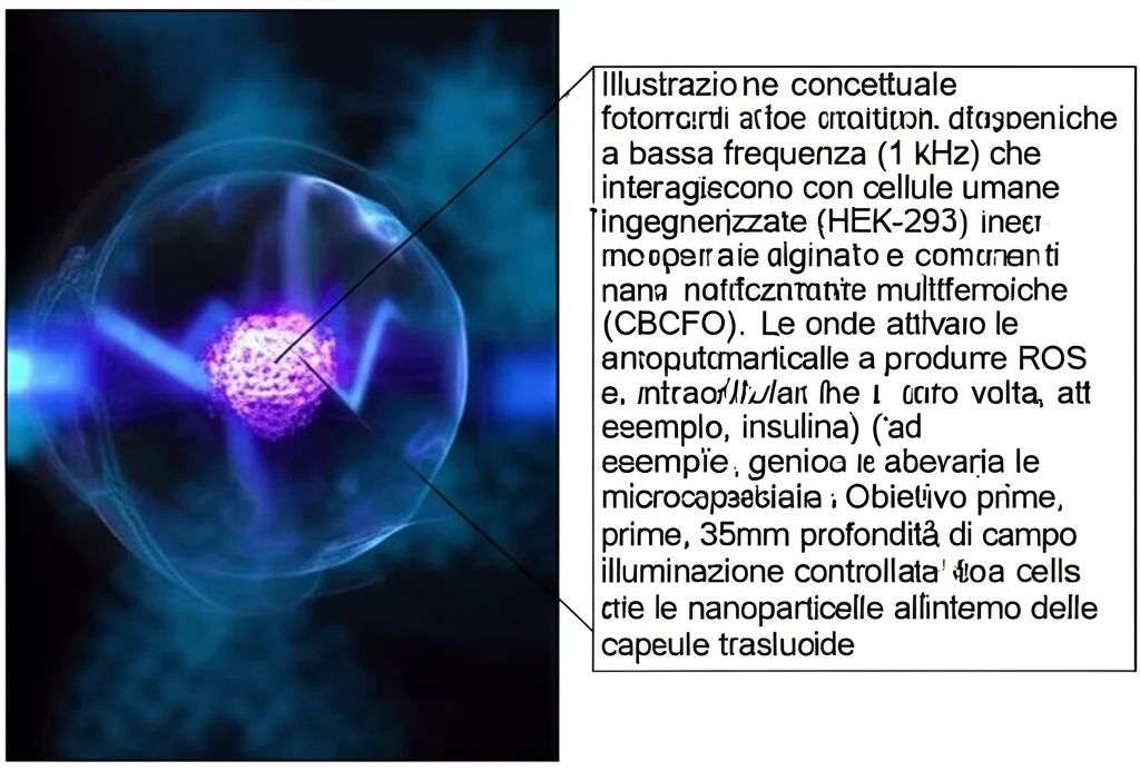 Illustrazione concettuale fotorealistica di onde elettromagnetiche a bassa frequenza (1 kHz) che interagiscono con cellule umane ingegnerizzate (HEK-293) incapsulate in alginato e contenenti nanoparticelle multiferroiche (CBCFO). Le onde attivano le nanoparticelle a produrre ROS intracellulari, che a loro volta attivano l'espressione genica (ad esempio, insulina). L'immagine mostra un campo magnetico stilizzato che attraversa le microcapsule cellulari. Obiettivo prime, 35mm, profondità di campo, illuminazione controllata che evidenzia le cellule e le nanoparticelle all'interno delle capsule traslucide.