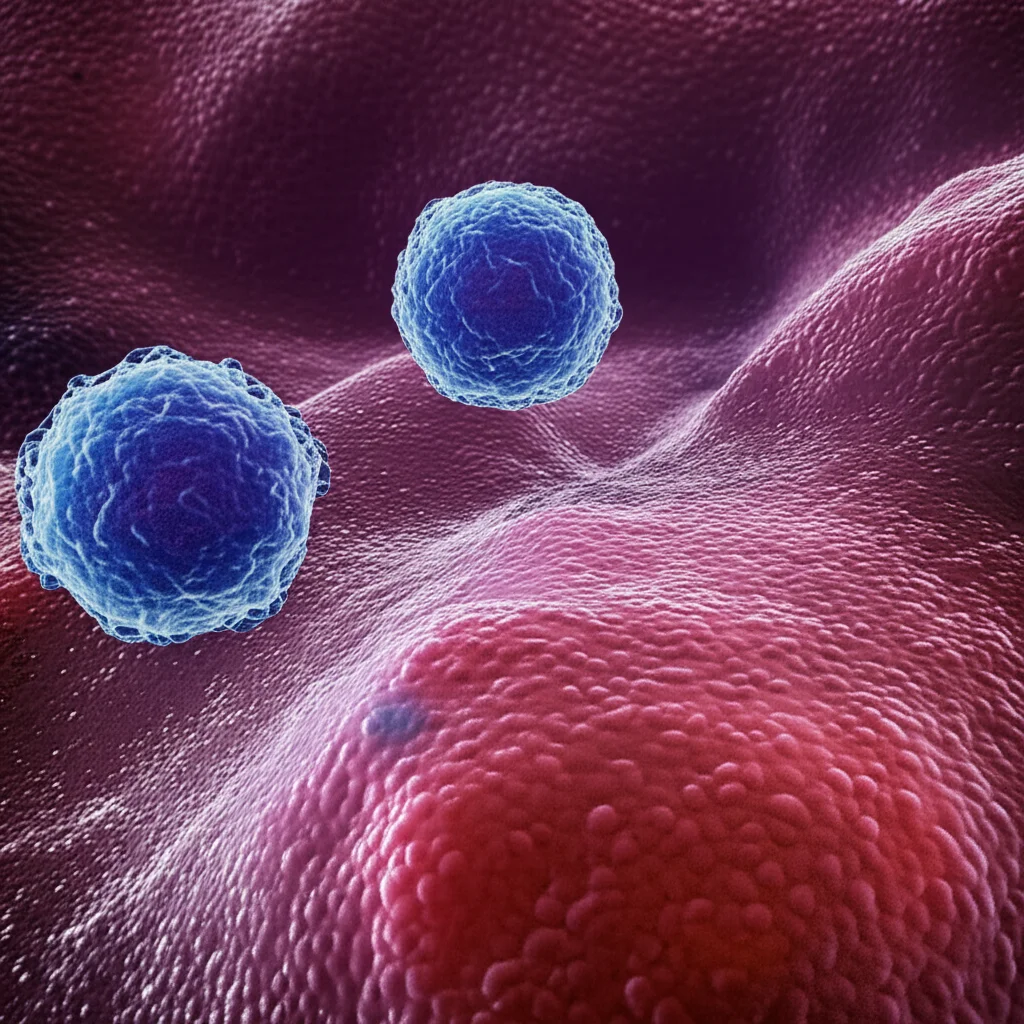 Immagine concettuale di cellule tumorali polmonari (NSCLC) con recettori PD-L1 evidenziati (in rosso brillante) e cellule T del sistema immunitario (in blu) che tentano di interagire. La scena è visualizzata come al microscopio elettronico, macro lens, 100mm, con illuminazione drammatica per creare contrasto e dettaglio sulle superfici cellulari, evocando la complessità della risposta immunitaria al tumore.