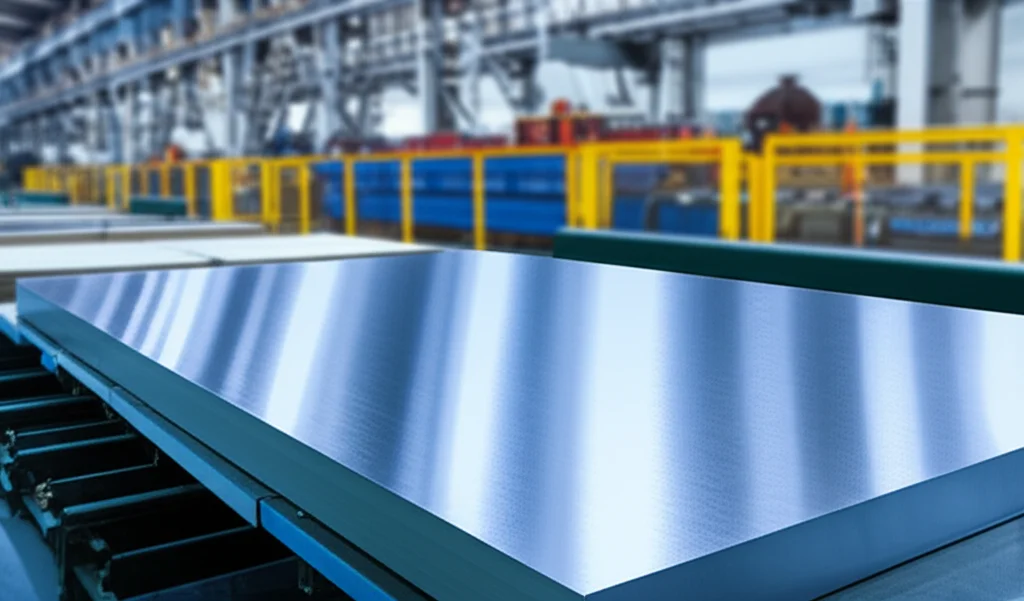 Immagine fotorealistica di un foglio di acciaio avanzato ad alta resistenza (AHSS) con una texture metallica dettagliata, parzialmente illuminato da una luce bluastra che simboleggia l'analisi tramite intelligenza artificiale. In background, sfocata, una linea di produzione automobilistica. Obiettivo macro 100mm, alta definizione, illuminazione controllata per esaltare i riflessi metallici.