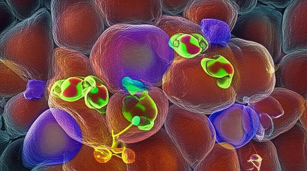 Microscopic view illustrating the complex cellular mechanisms of chaperone-mediated autophagy (CMA) and protein interactions involved in brown adipose tissue metabolism under thermal stress, macro lens, high detail, precise focusing, controlled lighting.