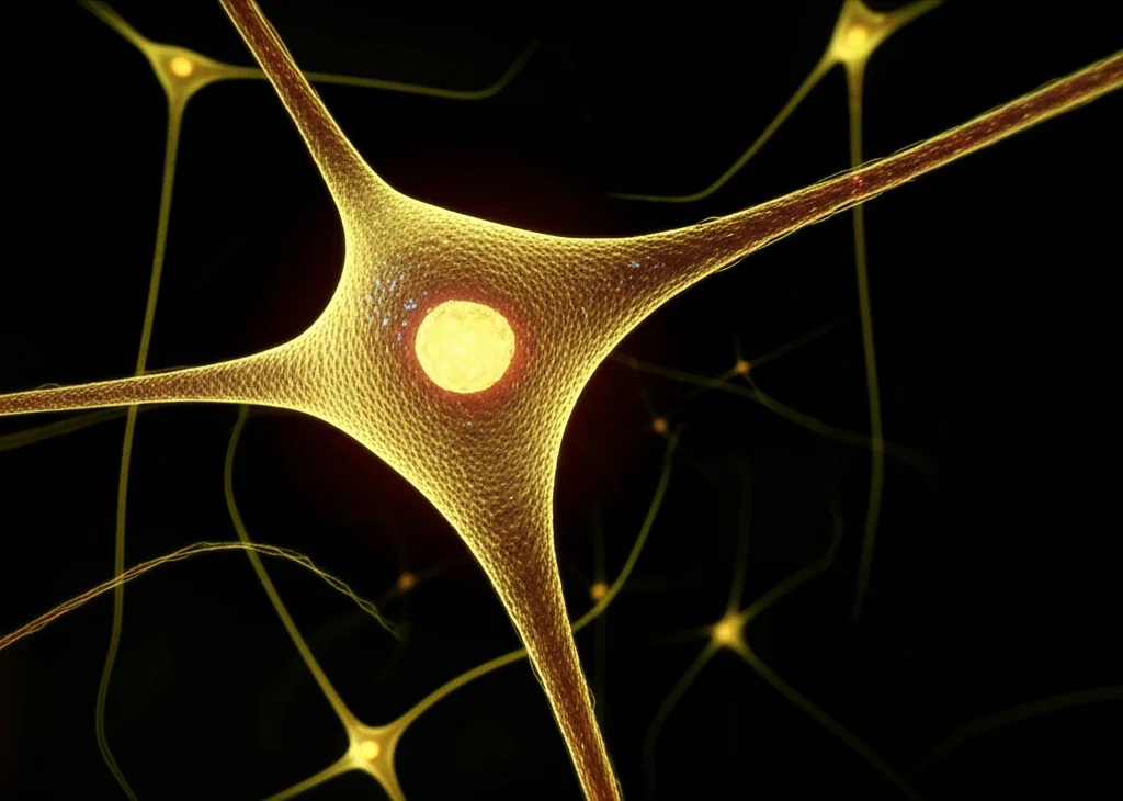 Photorealistic macro lens shot of glowing neurons and microglial cells in a brain tissue sample, 60mm, high detail, precise focusing, controlled lighting.