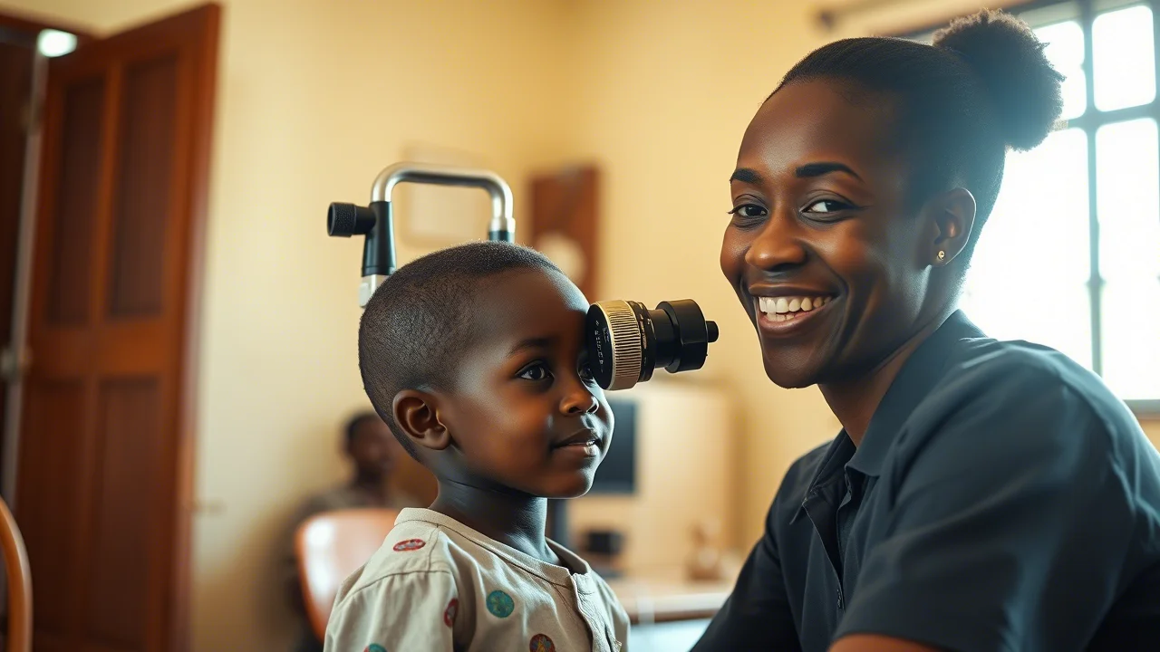 Ritratto fotografico di un ottico keniota sorridente che esamina la vista di un bambino in un centro oculistico comunitario luminoso e accogliente, luce naturale che entra da una finestra, obiettivo 35mm, profondità di campo che sfoca leggermente lo sfondo.