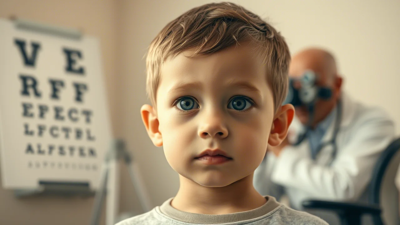 Un bambino di circa 11 anni, dall'aspetto sano, guarda verso l'obiettivo con un'espressione leggermente pensierosa; sullo sfondo sfocato, un medico osserva una tabella optometrica. L'immagine, scattata con un obiettivo da 35mm, ha una profondità di campo che mette a fuoco il bambino, con una luce naturale soffusa e una tonalità duotone seppia e crema per un'atmosfera seria ma speranzosa.